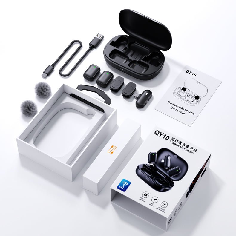 QY10 Jerry AI Noise Cancelling Wireless Lavalier Mic – Dual Clip Microphone with Hi - Fi Sound, 6–7H Battery, Plug & Play, Recharging Receiver, Windproof Cover, 30ms Low Latency - Omnigift