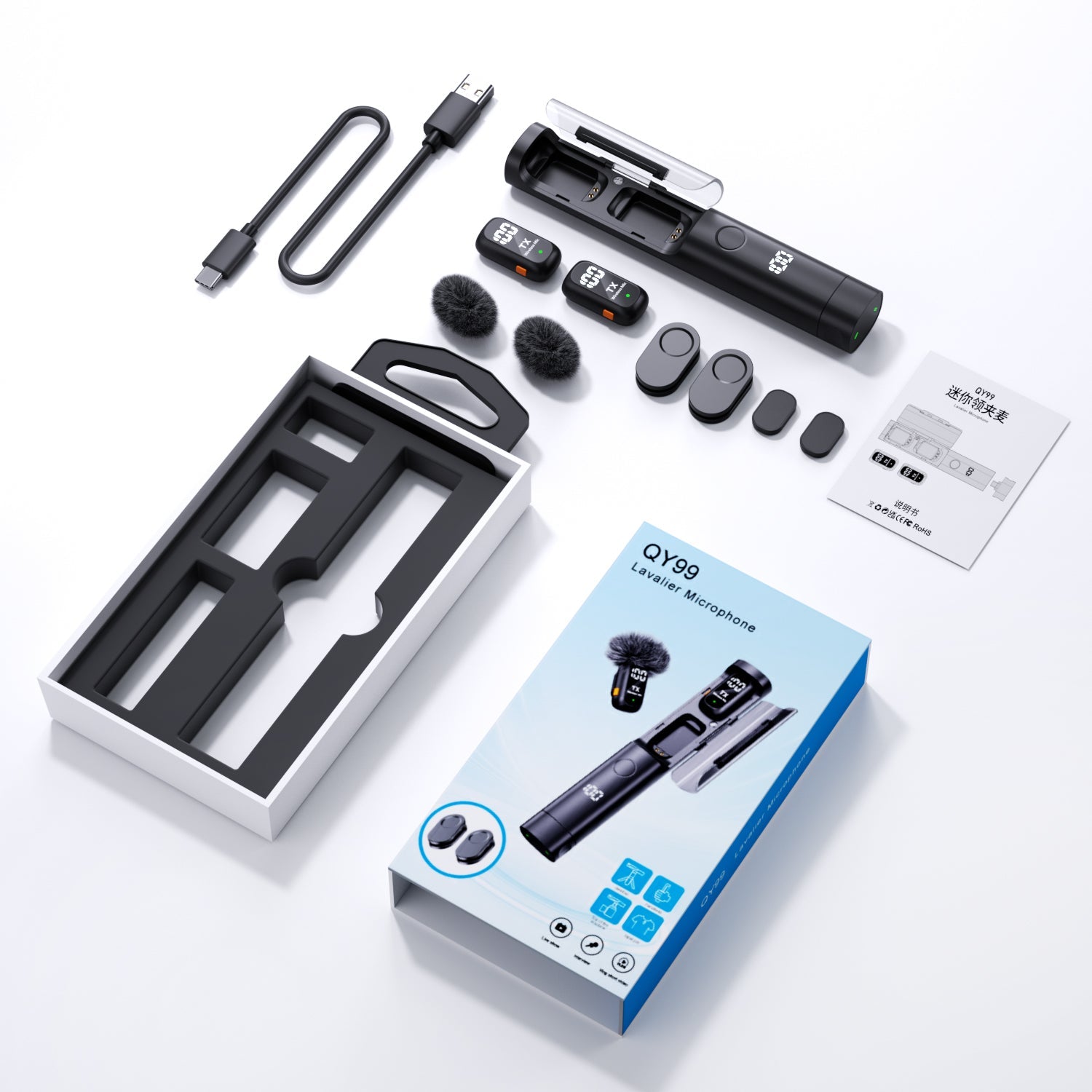 3 - in - 1 Wireless Lavalier Microphone – Clip - On, Handheld Interview & Desktop Live Mic QY99 - Omnigift