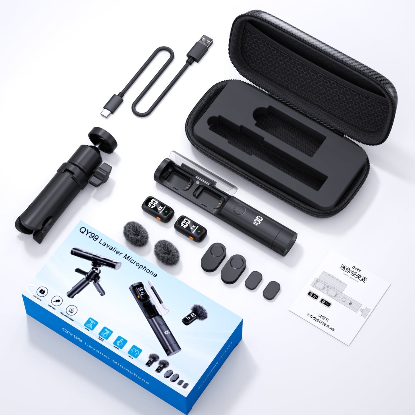3 - in - 1 Wireless Lavalier Microphone – Clip - On, Handheld Interview & Desktop Live Mic QY99 - Omnigift
