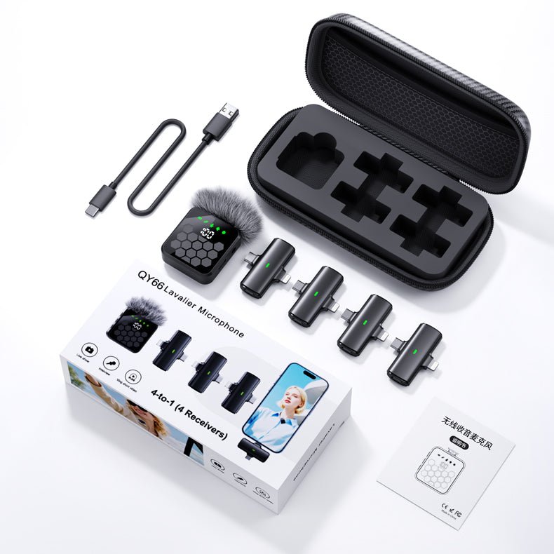 QY66 Dual Wireless Clip Mic 2 - in - 1 (iPhone & Type - C) – Plug & Play, Noise Cancelling, Reverb, Volume Adjustment, 30ms Low Latency, 20–30m Range, Windproof, Rechargeable Receiver - Omnigift