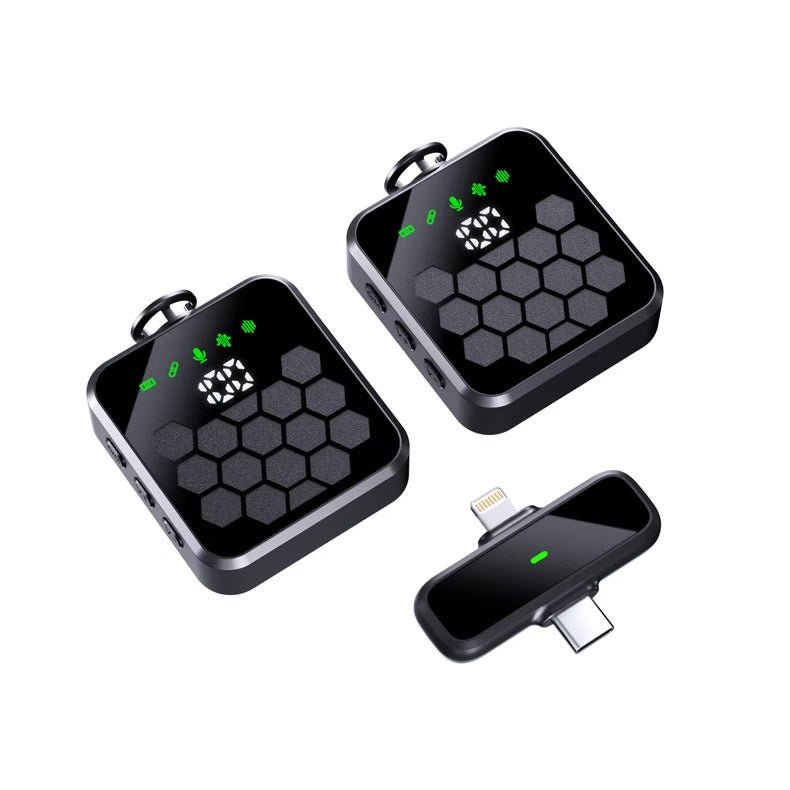 QY66 Dual Wireless Clip Mic 2 - in - 1 (iPhone & Type - C) – Plug & Play, Noise Cancelling, Reverb, Volume Adjustment, 30ms Low Latency, 20–30m Range, Windproof, Rechargeable Receiver - Omnigift