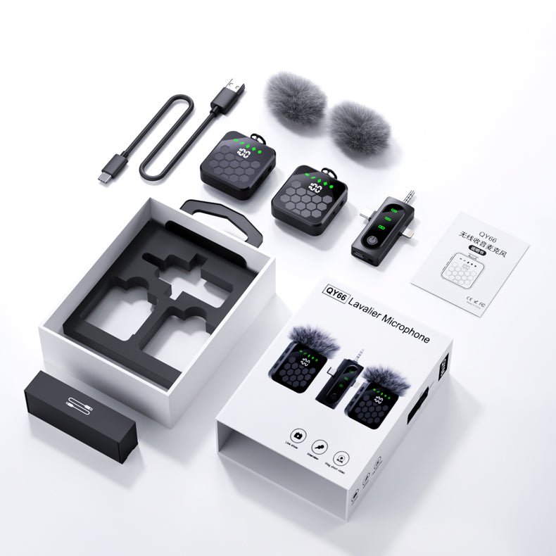 QY66 Dual Wireless Clip Mic 2 - in - 1 (iPhone & Type - C) – Plug & Play, Noise Cancelling, Reverb, Volume Adjustment, 30ms Low Latency, 20–30m Range, Windproof, Rechargeable Receiver - Omnigift