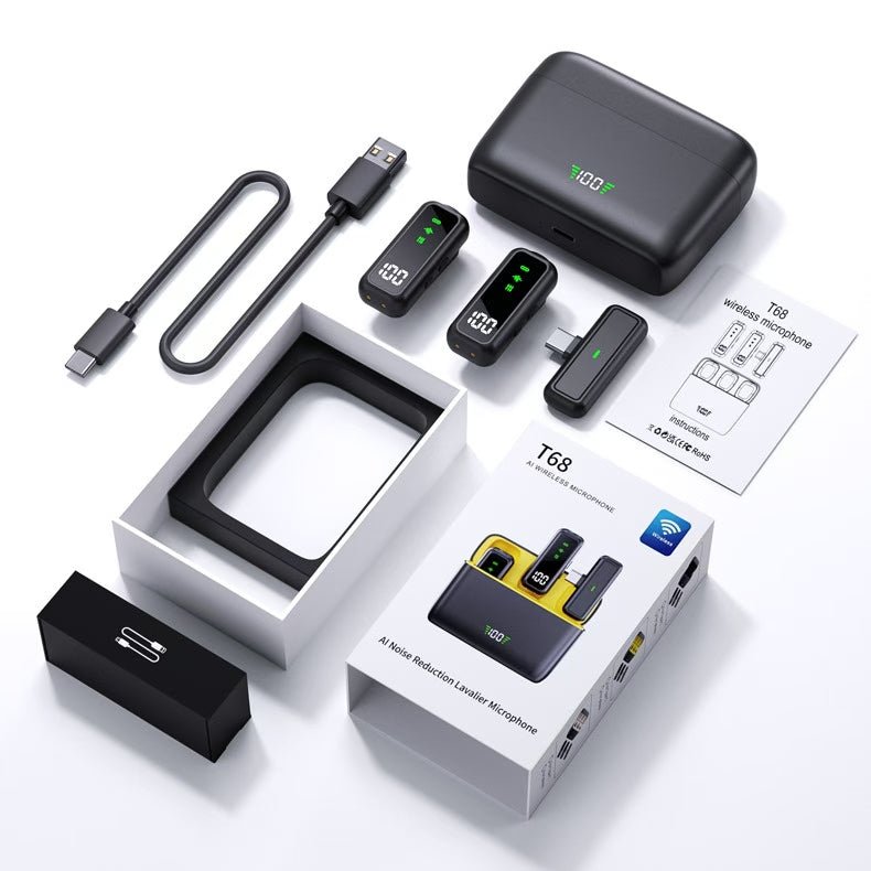 T68 Wireless Clip Microphone with Charging Case | 80dB Clear Audio, 25ms Sync, Long Battery Lavalier Mic - Omnigift