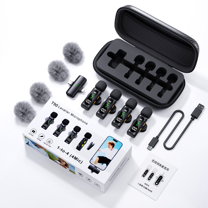 T90 1to4 Wireless Lavalier Mic 1 - to - 4 – Dual iPhone/Type - C Clip Microphone for Live Streaming, Interviews, Video, Noise Cancelling, Reverb, 30ms Low Latency, 5H Battery - Omnigift